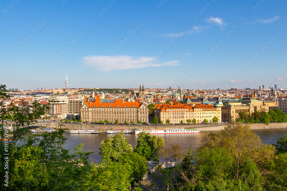 Scenic summer aerial panorama of the Old Town architecture in Prague, Czech Republic