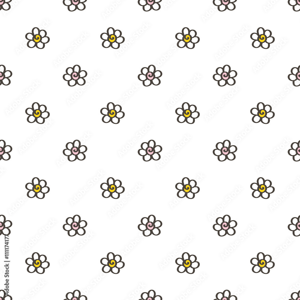 Cute hand drawn, doodle flowers seamless pattern background.