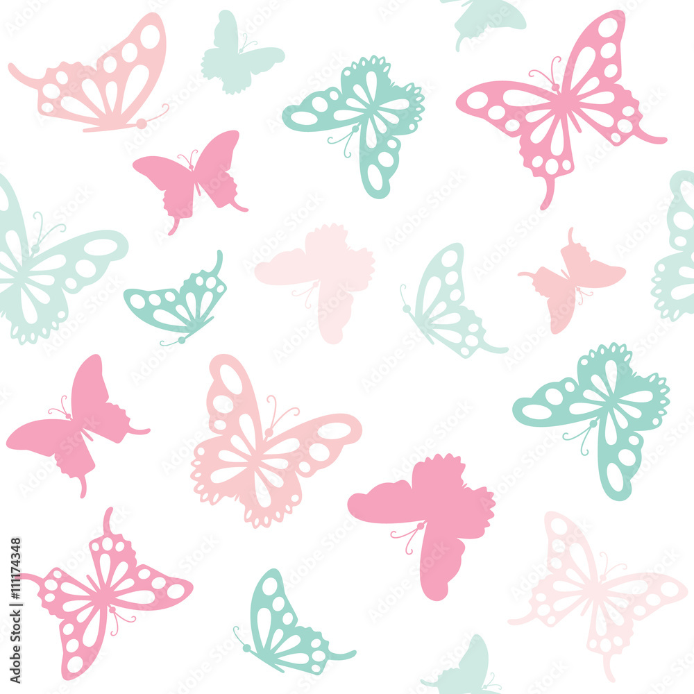Fototapeta Bezszwowy deseniowy tło z motylami w pastelowych kolorach.