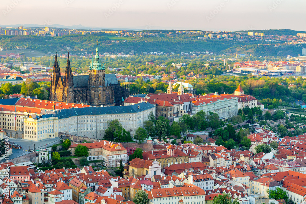 View of Prague Castle with St. Vitus Cathedral from Petrin Tower, Czech Republic