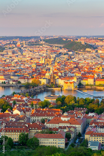 Bilde på lerret Panorama of Vltava and Charles Bridge from above on sunny day, Czech Republic