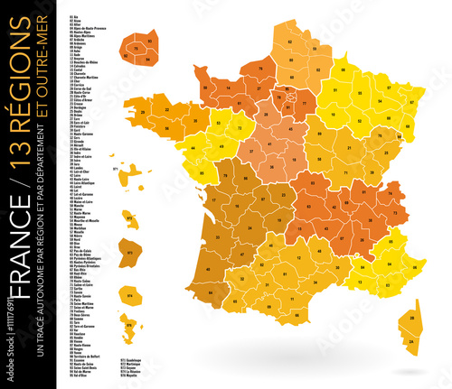 Carte de France / 13 régions / Départements avec numéros et liste