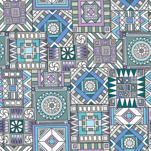 Seamless pattern of hand-drawn and colored abstract elements. Vector graphics.