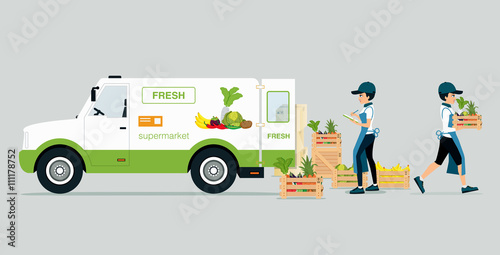 Vehicles carrying vegetables and fruits with employee monitoring product.