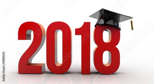 3D illustration of 2018 text with graduation hat 