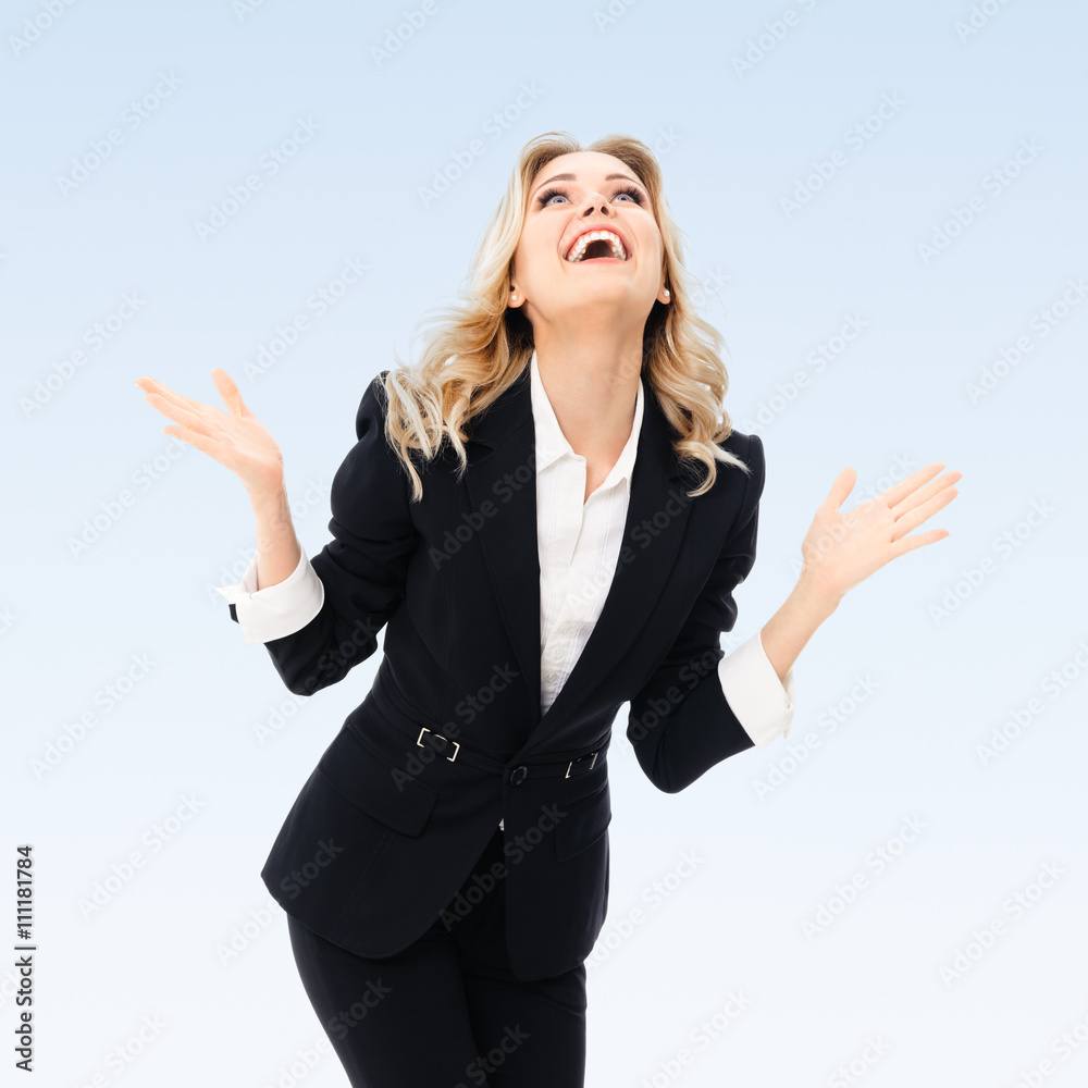 Happy gesturing young cheerful businesswoman Happy gesturing young cheerful businesswoman