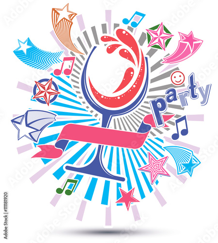 Celebrative leisure backdrop with musical notes, glass goblet