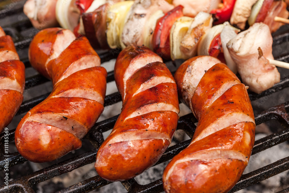 Grilling sausages and shashlik. Grilling sausages and shashlik.