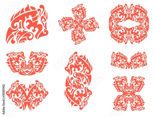 Flaming dragon symbols isolated on a white background. Dragon head, dragon cross, dragon butterfly and other double dragon symbols 