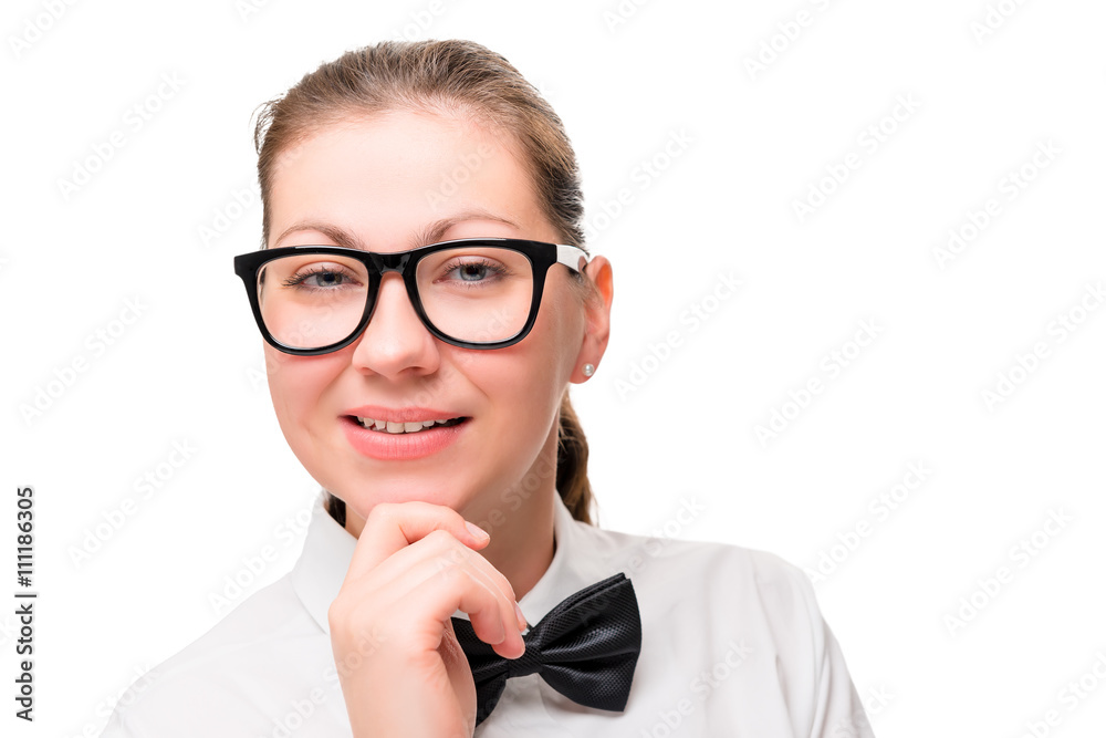 smiling woman in black glasses and bow tie isolated on white bac smiling woman in black glasses and bow tie isolated on white bac