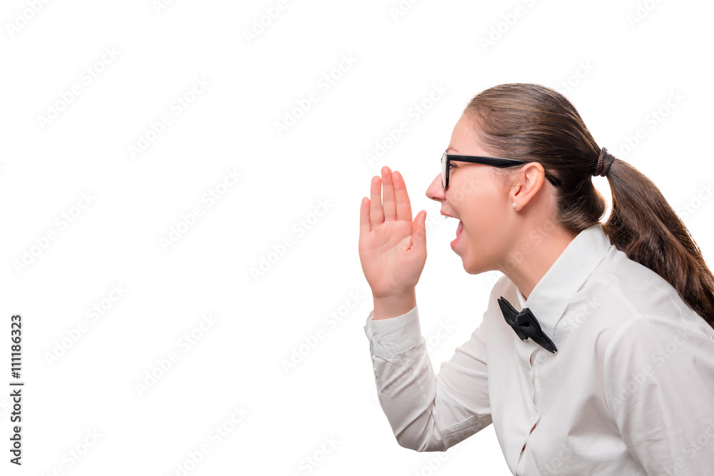 businesswoman screaming on a white background, to the left a pla businesswoman screaming on a white background, to the left a pla