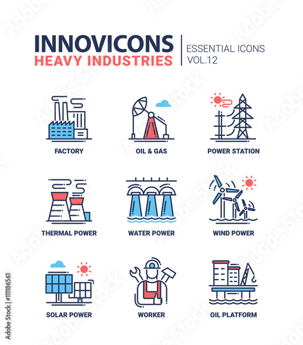 Heavy industry line design icons set