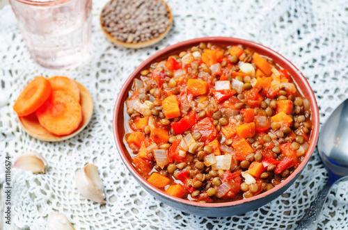 Vegan green lentil tomatoes stew