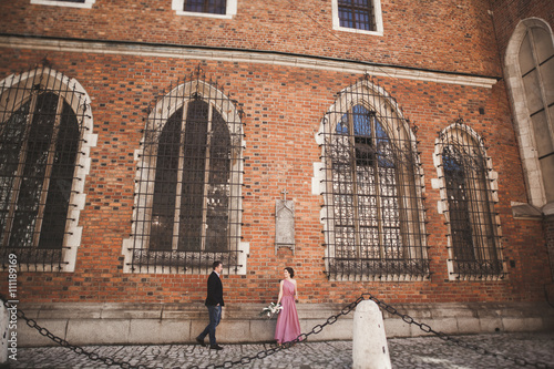 Elegant beautiful wedding couple posing near a church. Krakow