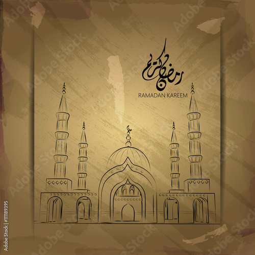 Illustration of Ramadan kareem and Ramadane mubarak. beautiful watercolor of Mosque  and arabic islamic calligraphy.traditional greeting card wishes holy month moubarak and karim for muslim and arabic