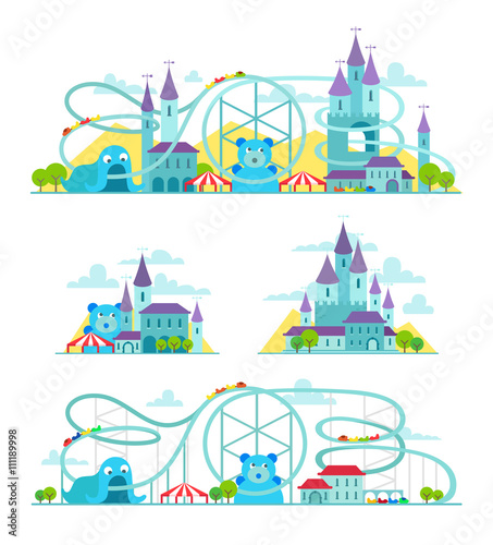 Magic castle roller coaster. Amusement park.