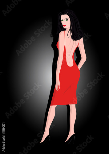 The girl in a red dress on a dark background