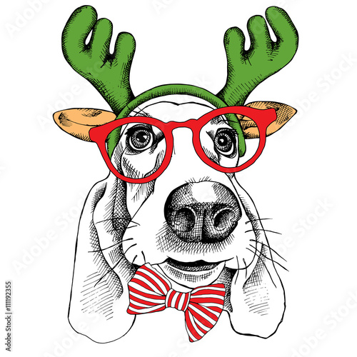 The christmas poster dog Basset Hound portrait in the mask Santa's antler reindeer and glasses. Vector illustration.