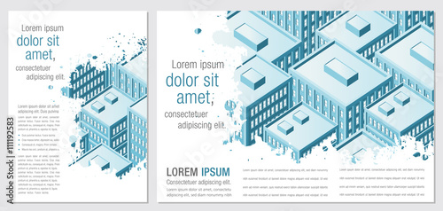 Template for advertising brochure with Big city with buildings. Downtown.
