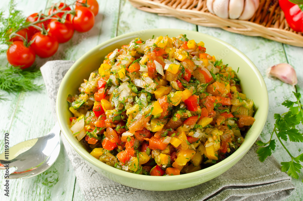 Grilled vegetables salad with yellow and red bell pepper, eggpla Grilled vegetables salad with yellow and red bell pepper, eggpla