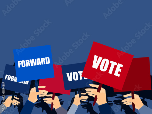 Election campaign, election vote, election poster, holding posters, election banner, supporting team, voters support, people with placards. Vector.