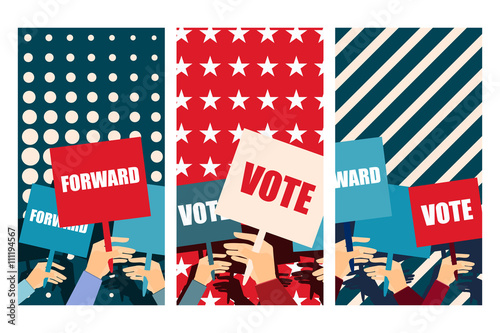 Election campaign, election vote, election poster, holding posters, election banner, supporting team, voters support, people with placards. Vector.