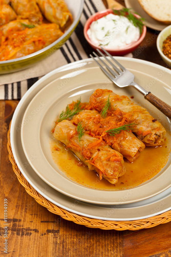 Stuffed Cabbage with tomato sauce. Selective focus. Stuffed Cabbage with tomato sauce. Selective focus.