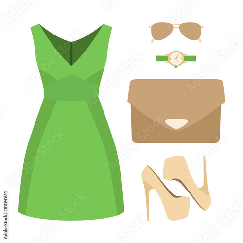 Set of trendy women's clothes with dress and accessories. Vector illustrationaccessories