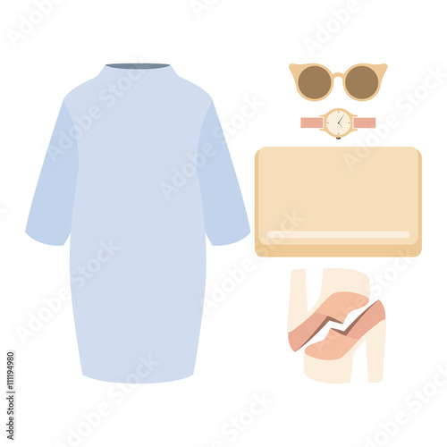 Set of trendy women's clothes with dress and accessories. Vector illustration