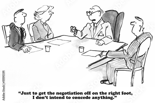 Business and legal cartoon about a challenging negotiation. photo
