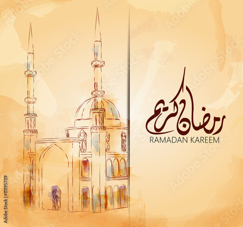 Illustration of Ramadan kareem and Ramadane mubarak. beautiful watercolor of Mosque  and arabic islamic calligraphy.traditional greeting card wishes holy month moubarak and karim for muslim and arabic