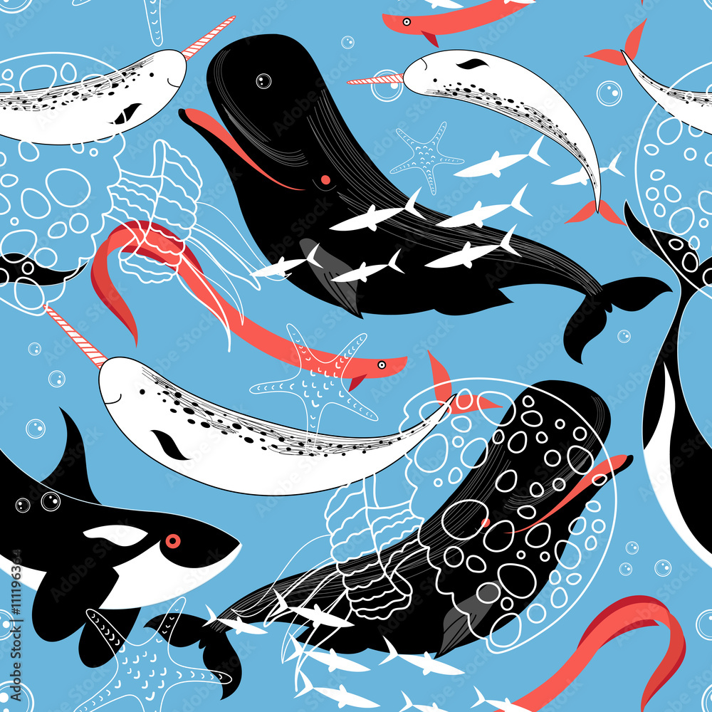 Fototapeta premium Pattern of sea whales and fish