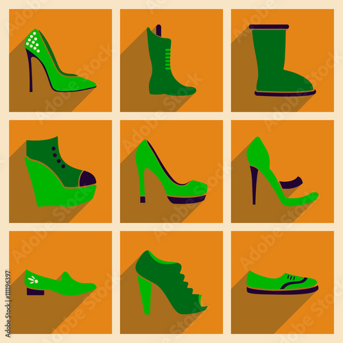 Concept of flat icons with long shadow footwear