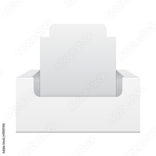 White Display Holder Box POS POI Cardboard Blank Empty, Front View. Products On White Background Isolated. Ready For Your Design. Mockup Product Packing. Vector EPS10 