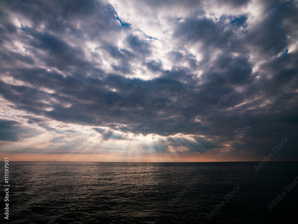 image of cloudy sky and ocean at sunset.