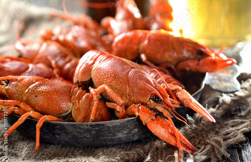 boiled crawfish and beer on a wooden background
