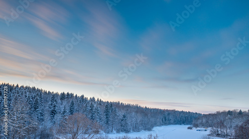 Fir tree forest landscape and sunset sky at snow winter season