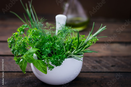 Fresh Herbs In Mortar