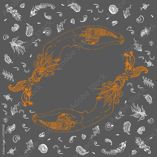 Dancing mermaids with long hair and tails of sea plants. Paisley-style background of diverse sea life. Hand drawn in ink. Vector Illustration