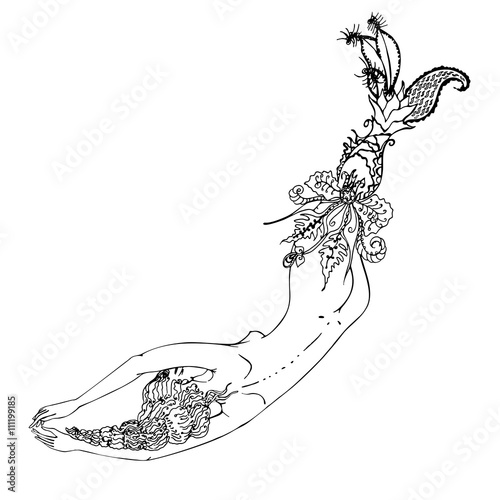 Mermaid with long hair and tails of sea plants. Hand drawn in ink. Vector Illustration
