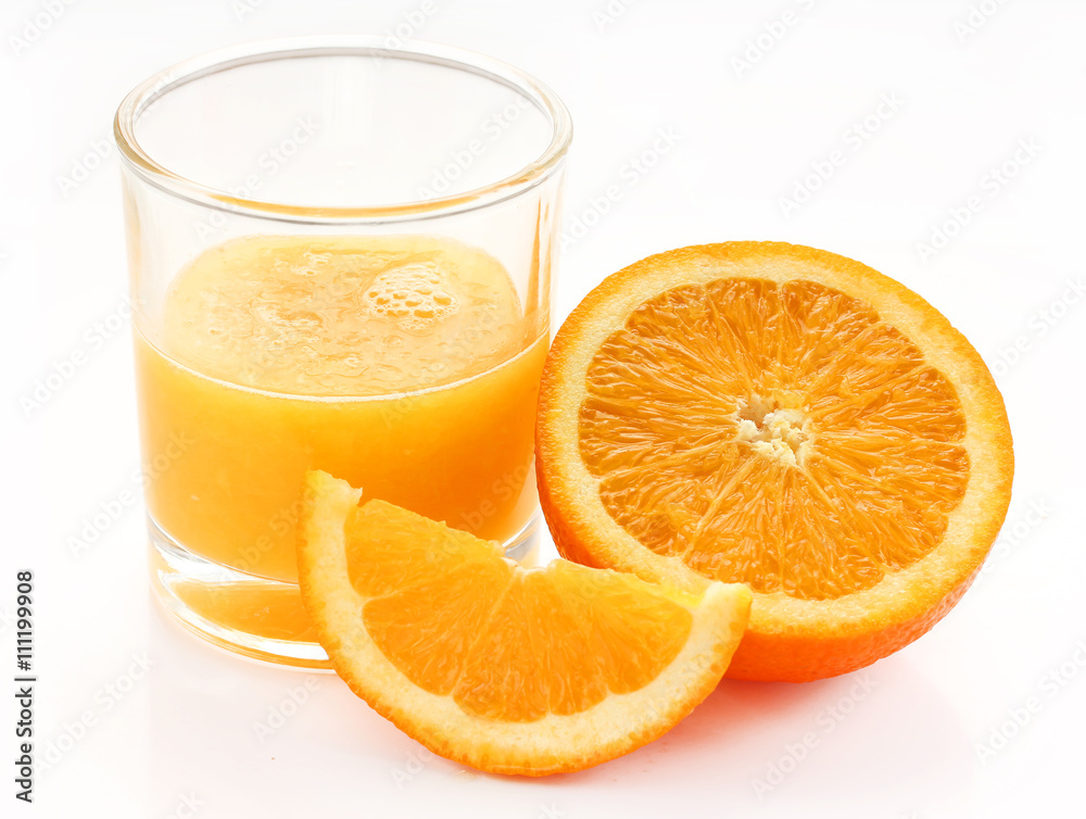 Glass of orange juice, half and slice orange fruit Glass of orange juice, half and slice orange fruit