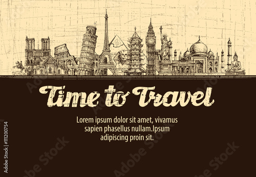 travel, journey. vector hand-drawn sketches monuments of the world