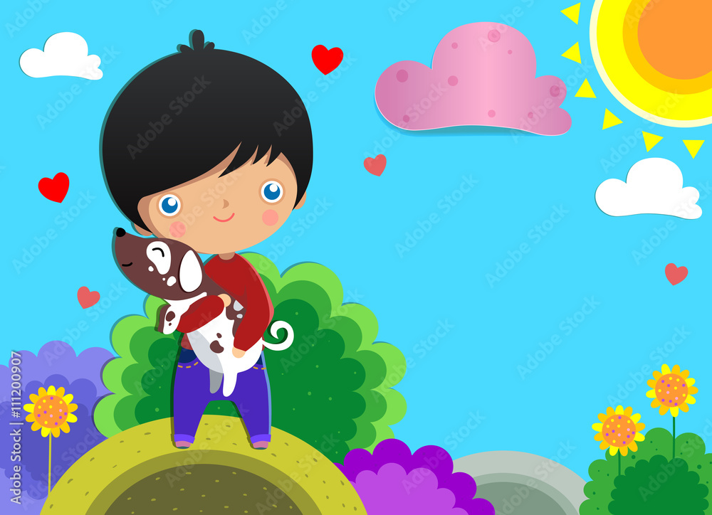 Fantasy vector landscape with boy and dog. Children's background.