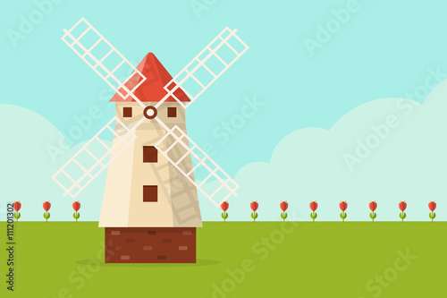 Field of tulips with windmill. Flat design style. 