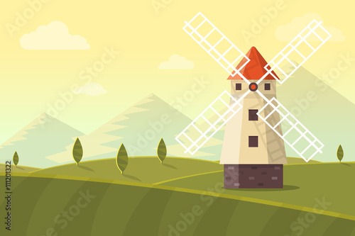 Rural landscape with windmill, mountains and meadow. Flat design style.