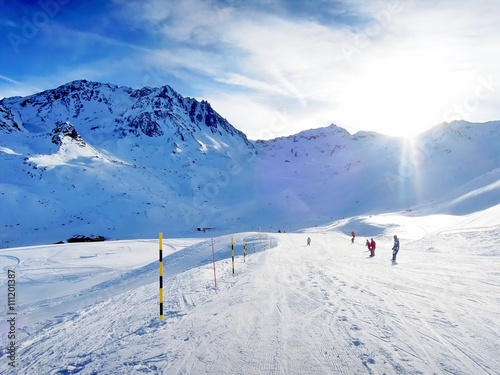 Blinding snow at a ski resort in the Alps mountains