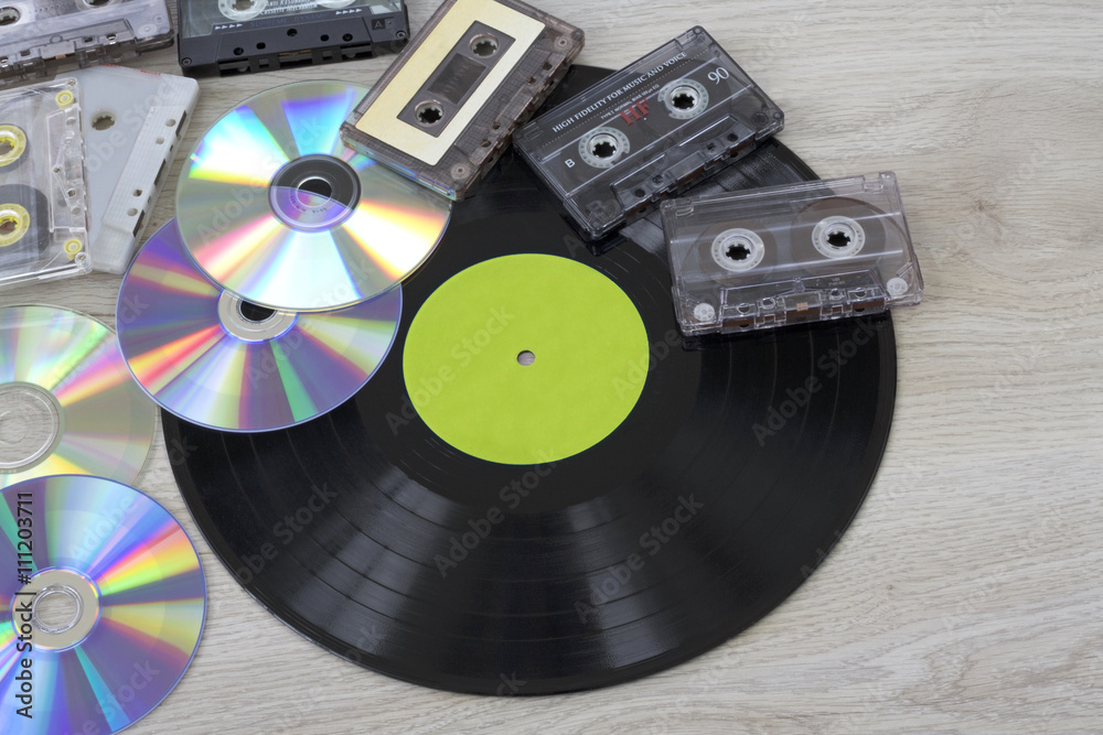 Retro Vinyl Record Disc Audio Cassette And Cd Stock Photo Adobe Stock