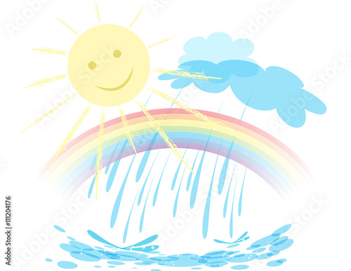 Rainbow, sun, rain. Vector landscape.