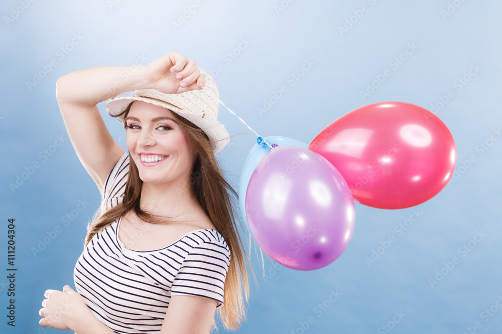 Woman summer joyful girl with colorful balloons Woman summer joyful girl with colorful balloons