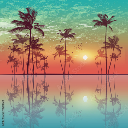 Fototapeta Naklejka Na Ścianę i Meble -  Exotic tropical palm trees  at sunset or moonlight, with cloudy sky and reflection in water